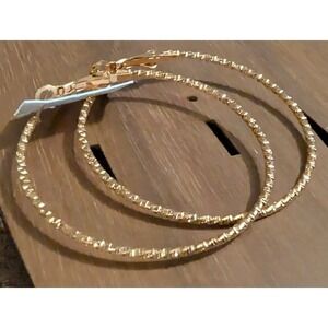 New Gold Tone Pierced Earrings 2 inch Hoops Textured Edges